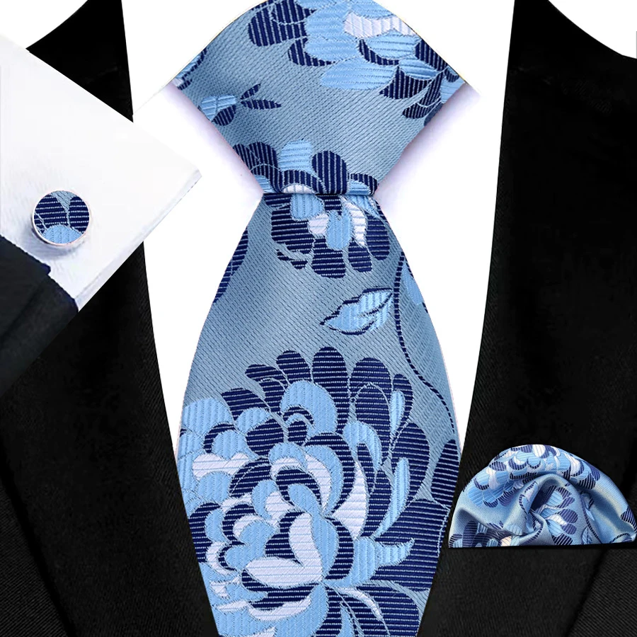 Luxus 3Pcs Sky Blue Lake Blue Männer Krawatte Hanky Manschettenknöpfe Set Jacquard 8cm Krawatte für Männliche Hochzeit business Party Zubehör Geschenk – Detail 10