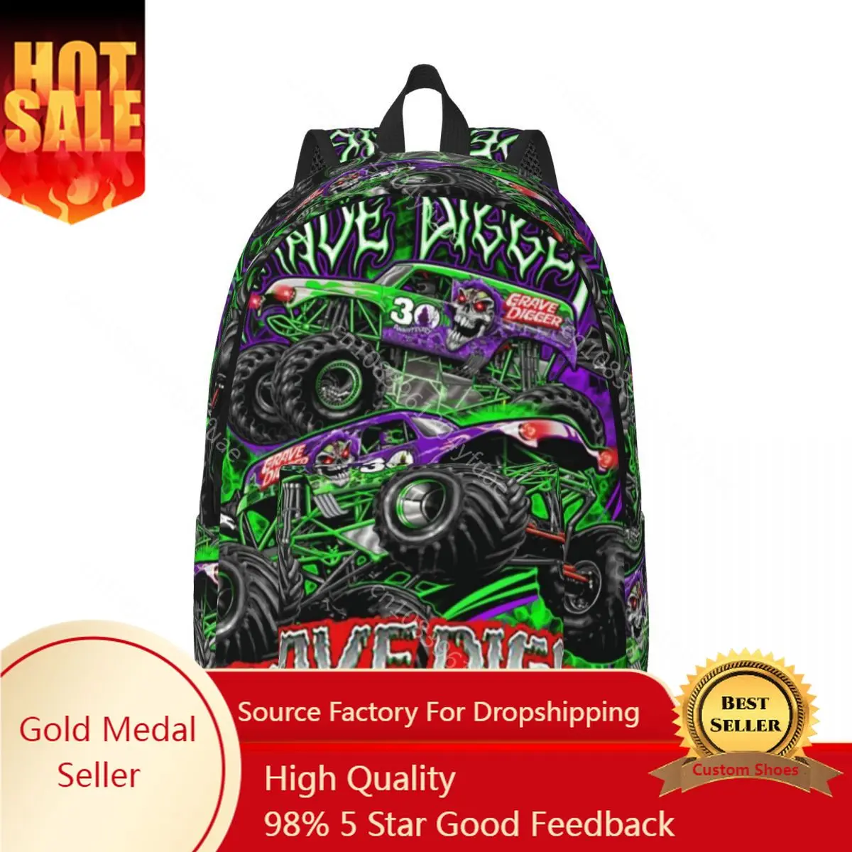 Monster Jam Truck Backpack Grave Digger Unisex Polyester Outdoor Style Backpacks Christmas Gift Kawaii High School Bags Rucksack