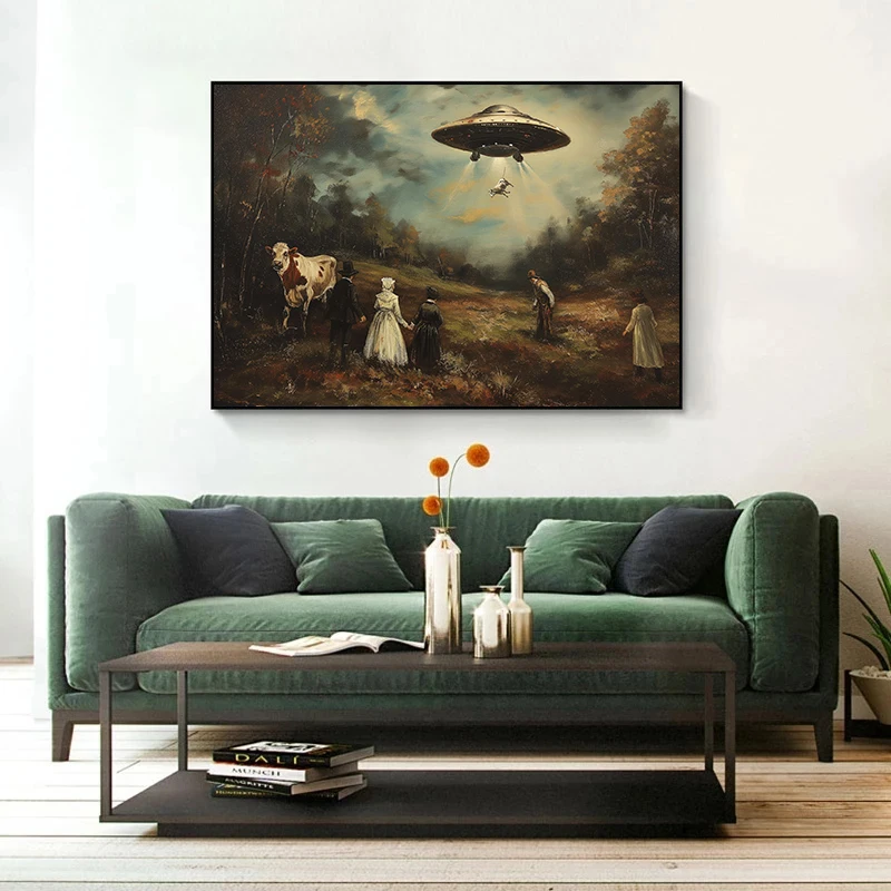 1pc frameless Vintage Surreal Funny Victorian UFO Landscape Cow Alien Poster Wall Art Pictures Canvas Painting Home Farmhouse De 2