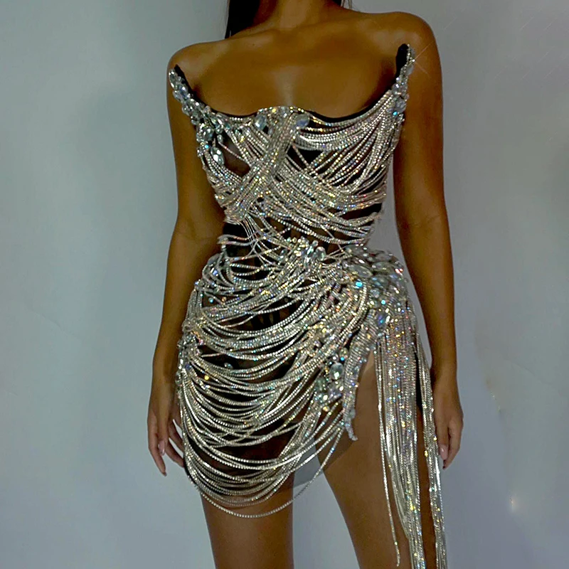 Bling Bling Laser Diamond Fringe Dress Sexy Spaghetti Straps Birthday Party Dress Robe De Soiree Summer Night Out Club Costume