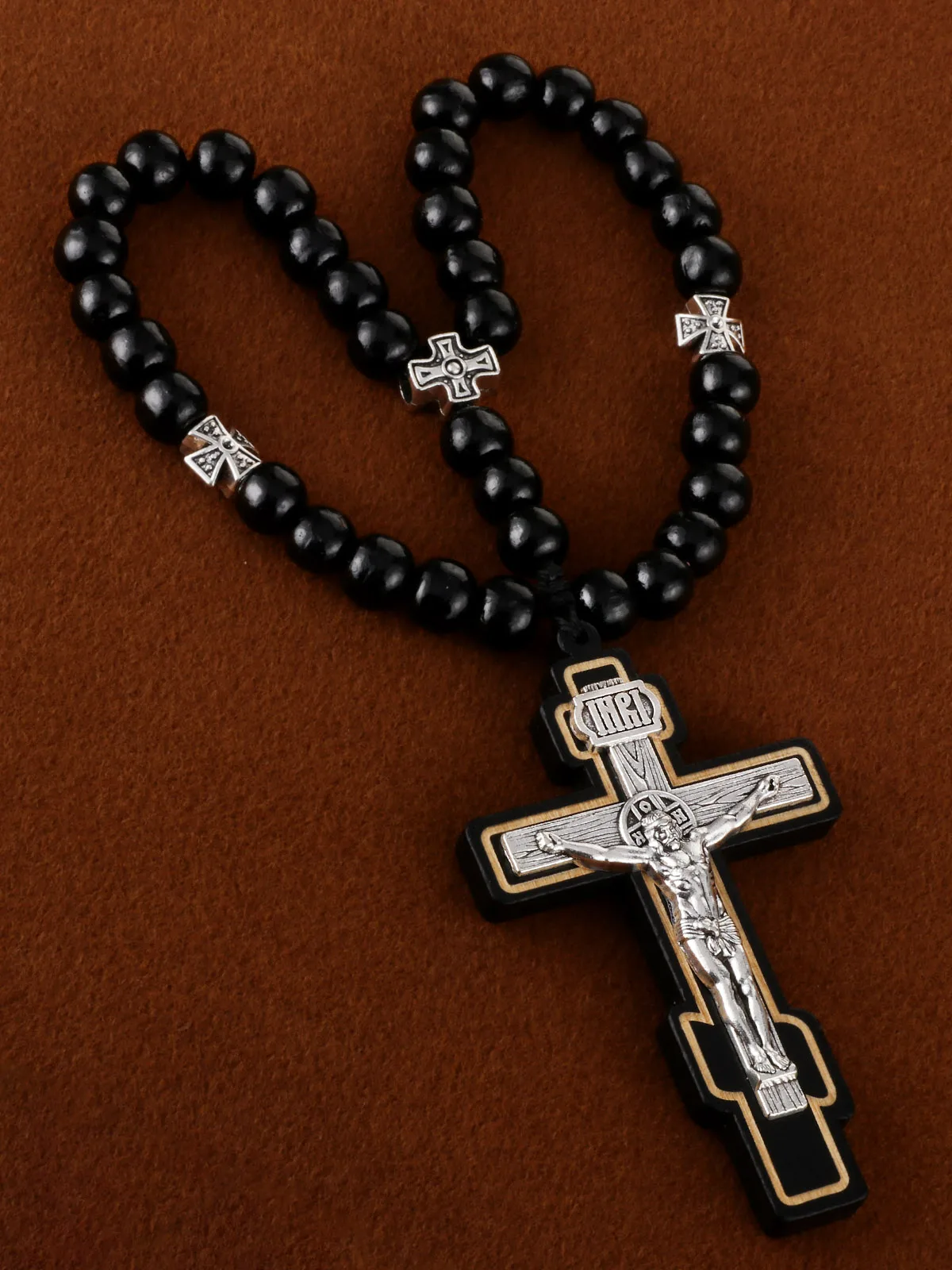 Orthodoxer Holzperlen-Rosenkranz mit INRI-Kruzifix, Jesus Christus Medaillen-Halskette, handgefertigte Gebetsperlen, Auto-Hängedekoration