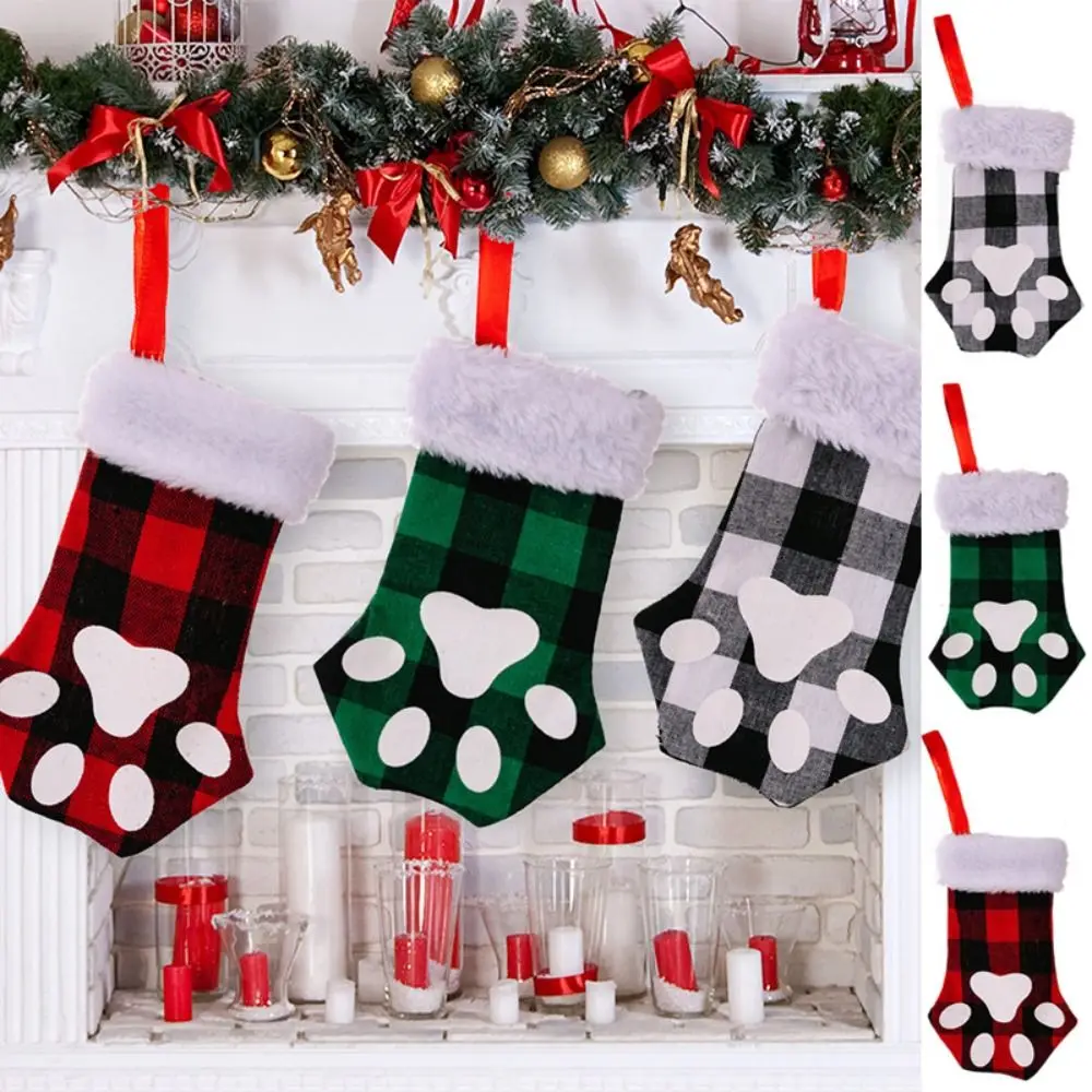 Christmas Stocking Dog Claw Socks New Year Candy Gift Bag Xmas Tree Fireplace Hanging Decoration Red Black