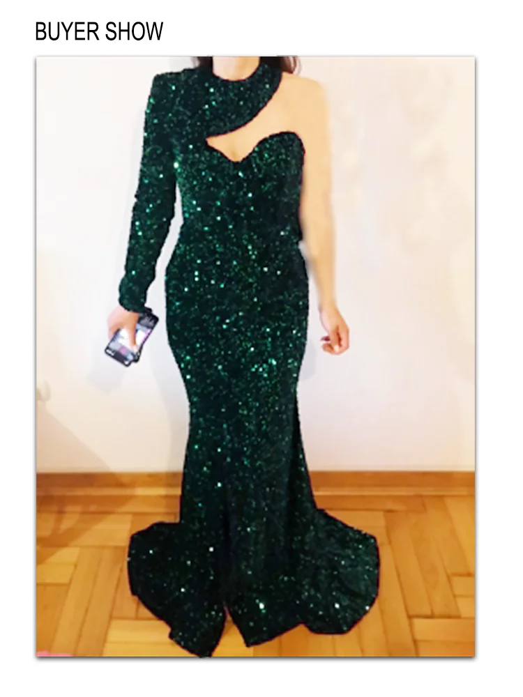 Romagic Sexy Backless Split O Neck Sleeveless Evening Party Dress Sequin Stretch One Long Sleeve Green Maxi Cocktail Gown Women