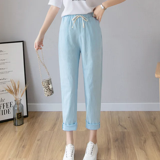 Women Casual Harajuku Long Ankle Length Trousers 2022 Summer Autumn Large Solid Elastic Waist Cotton Linen Pants Black Pants light blue