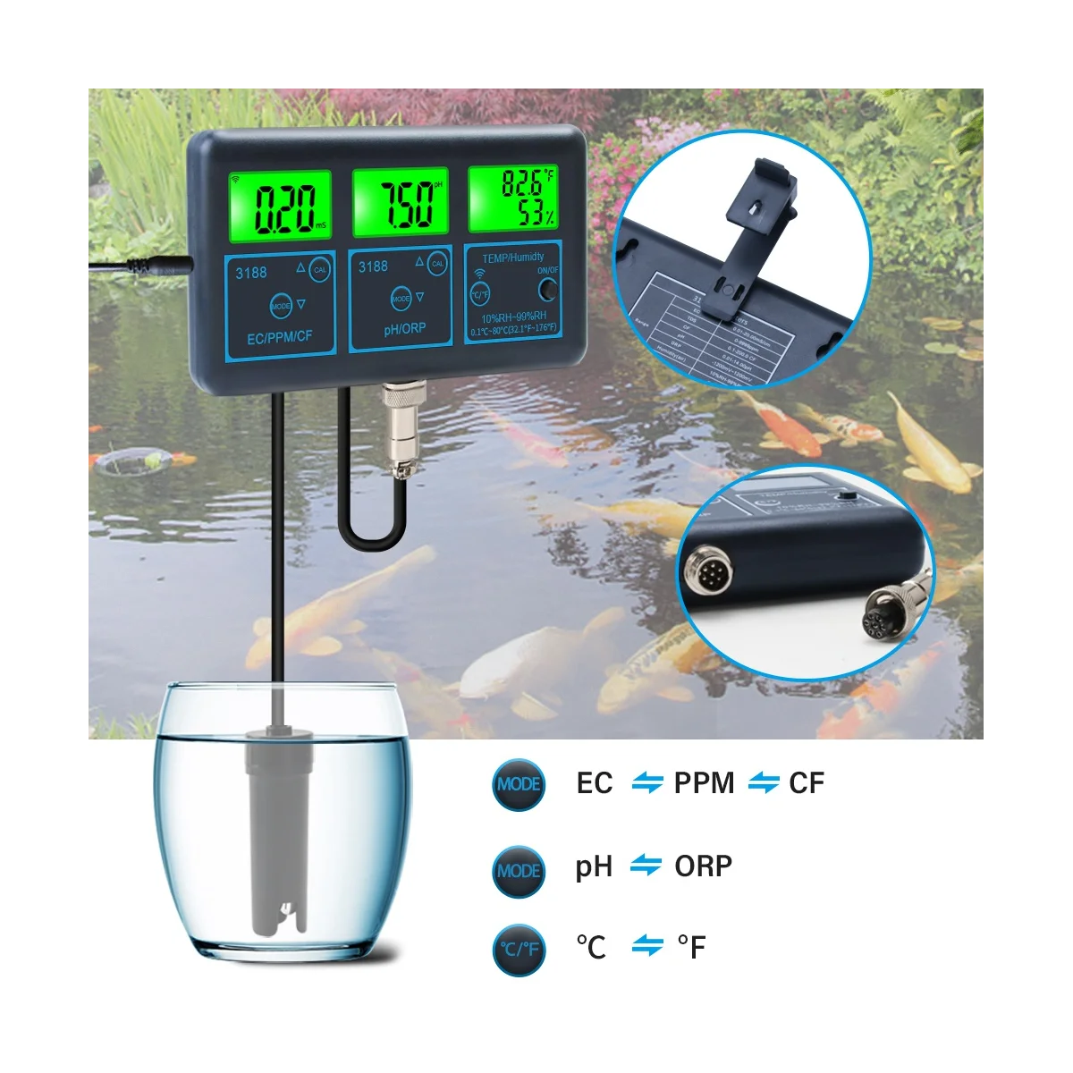 

Tuya WiFi 7 in 1 Water Quality Tester Multi-Parameter Water Analyzer Digital PH/ORP//Temperature Monitor Meter EU Plug