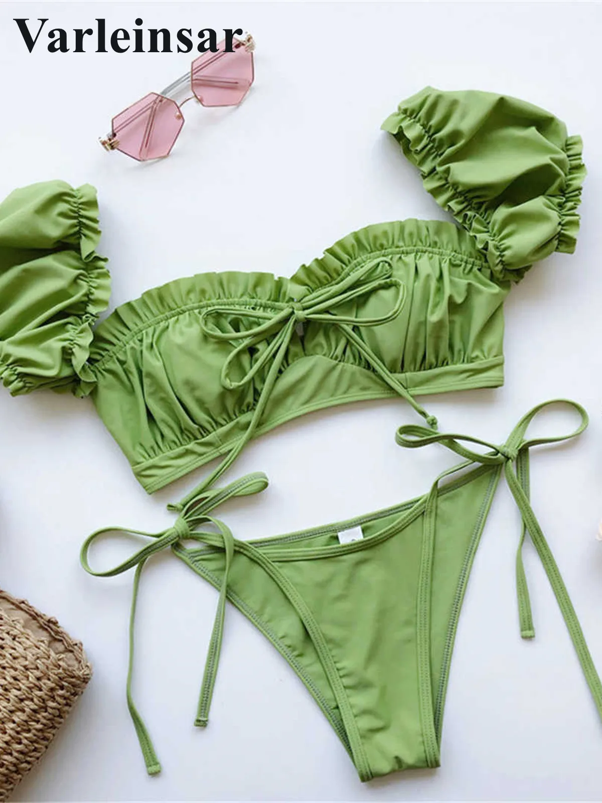 Kurzärmeliger, brasilianischer, plissierter, geraffter Bikini-Badeanzug für Damen, zweiteiliger Bikini-Set, Badebekleidung, Badeanzug, Schwimmanzug V1729