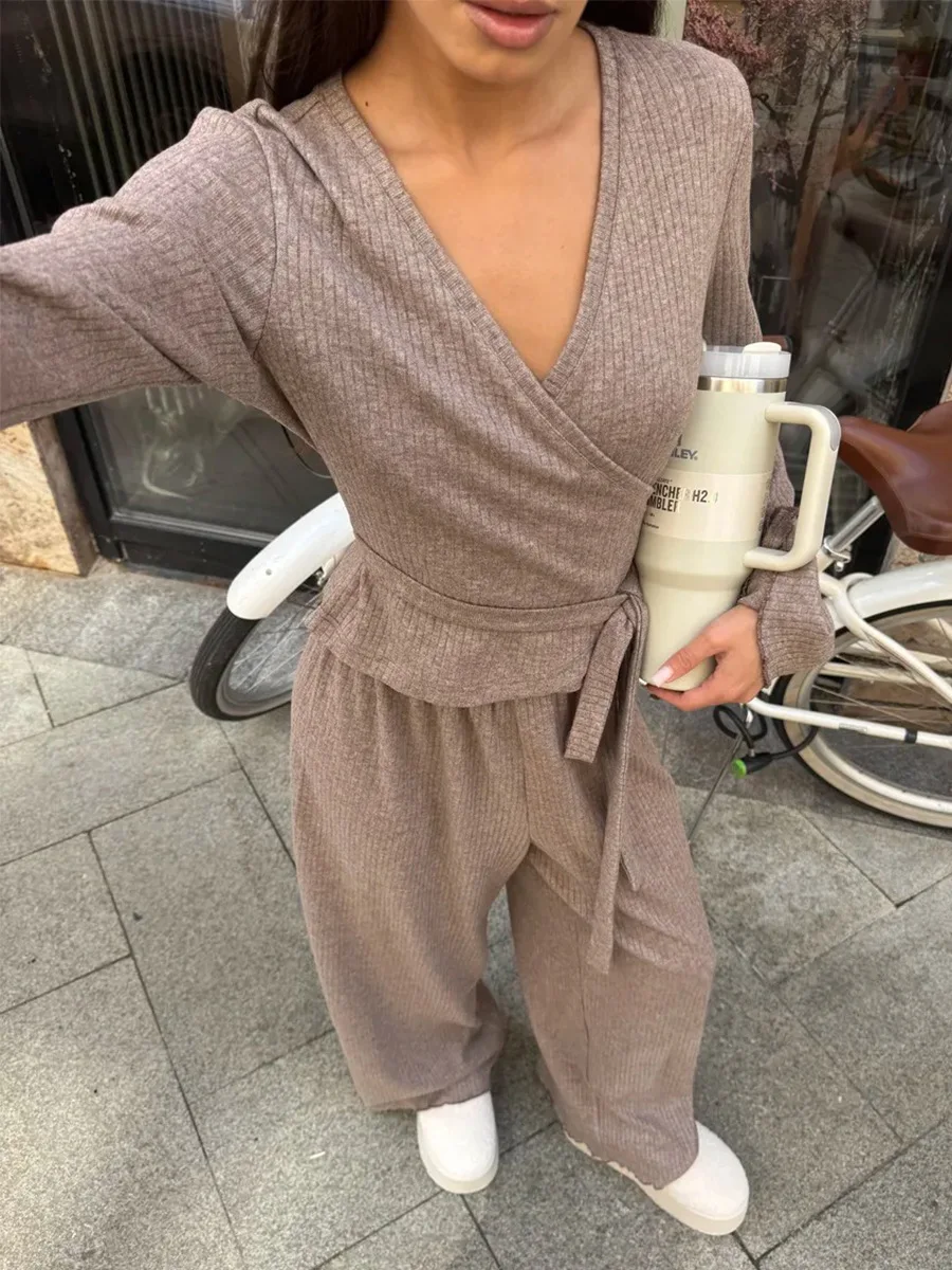 Bornladies 2026 Spring New V Neck Knitted Pants Set Women's Slim Fit Ribbed Tie Waist Long Sleeve Two Piece Outfit
