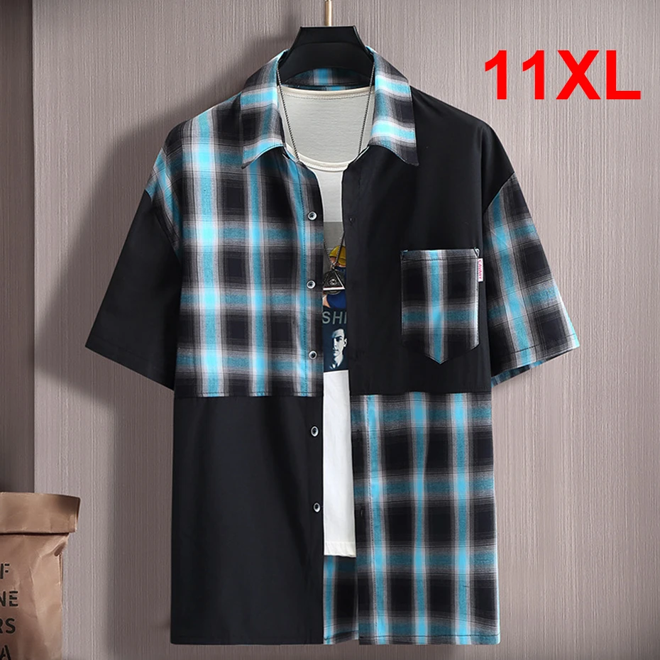 

Рубашка мужская в клетку, блуза с коротким рукавом, в стиле пэчворк, цвет блочный, стиль хип-хоп, уличная одежда, 10XL 11XL, на лето