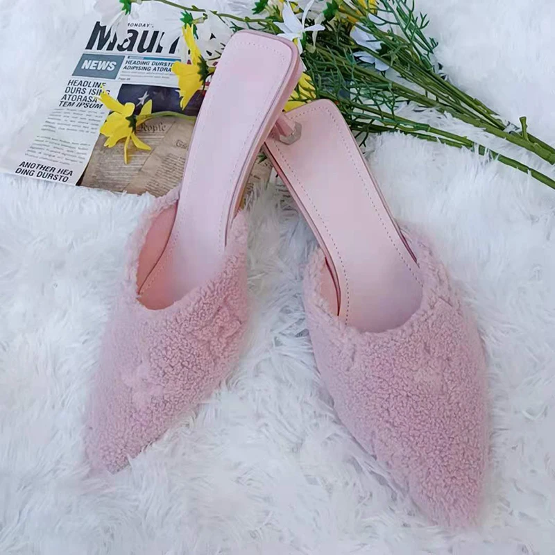 Spring Autumn Warm Short Plush Stiletto Women Slippers Pointed High Heels Fashion Soft Slip On Slides Shoes For Women Flip Flops
