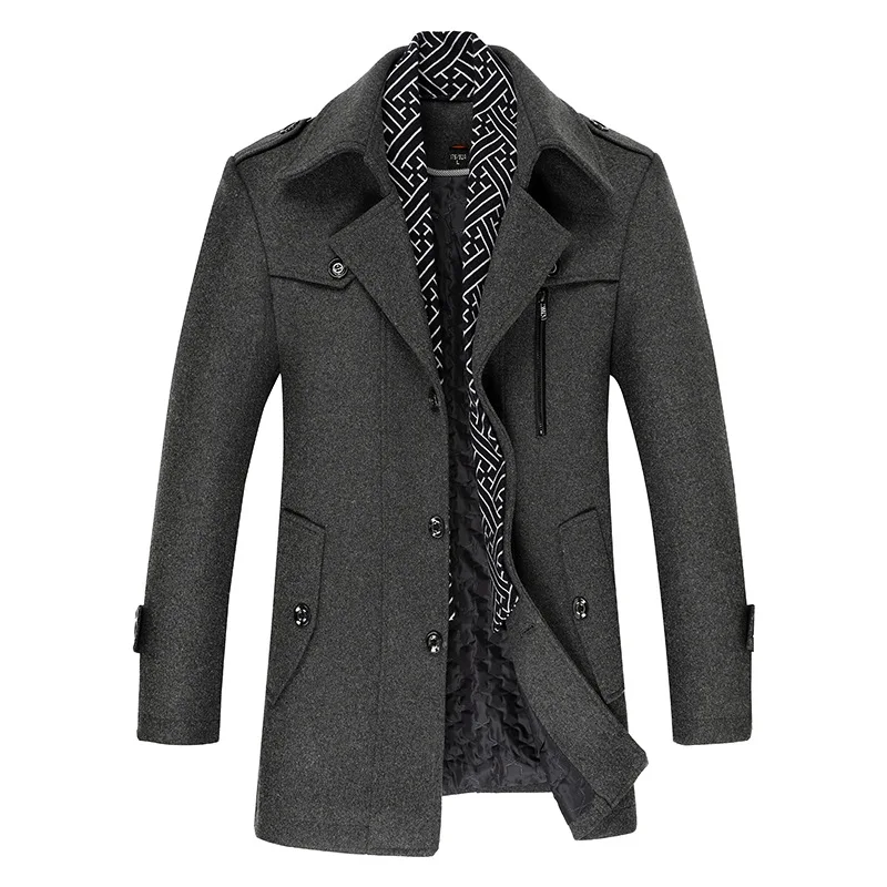 Men's Woolen Coat Medium Length Scarf Collar with Cotton Thickened Coat Woolen Jacket Men's Coat  Winter Coat Men