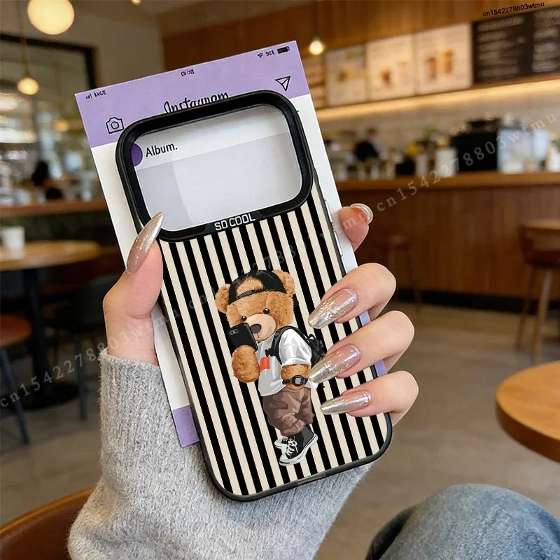 Luxurious Pink Striped Cartoon Bear Phone Case with IMD Cover Design