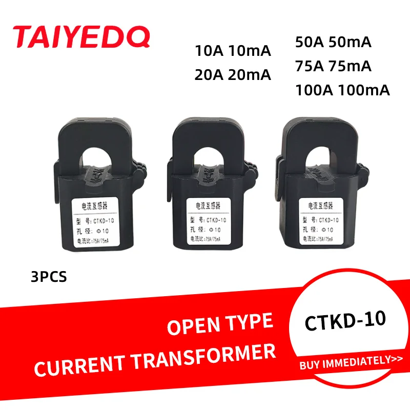 3 Pezzi Trasformatore Di Corrente A Nucleo Diviso Sensore Elettrico Monofase Ct Kct10 10/20/50/75Ma Ctkd-10