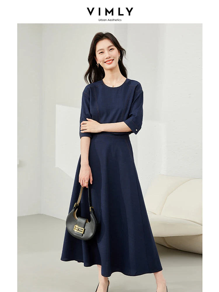 Vimly Two Piece Sets for Women Spring Elegant Outfits 2024 Simple Fashion Navy Blouse Elastic Waist Maxi Skirt Sets Woman M6250