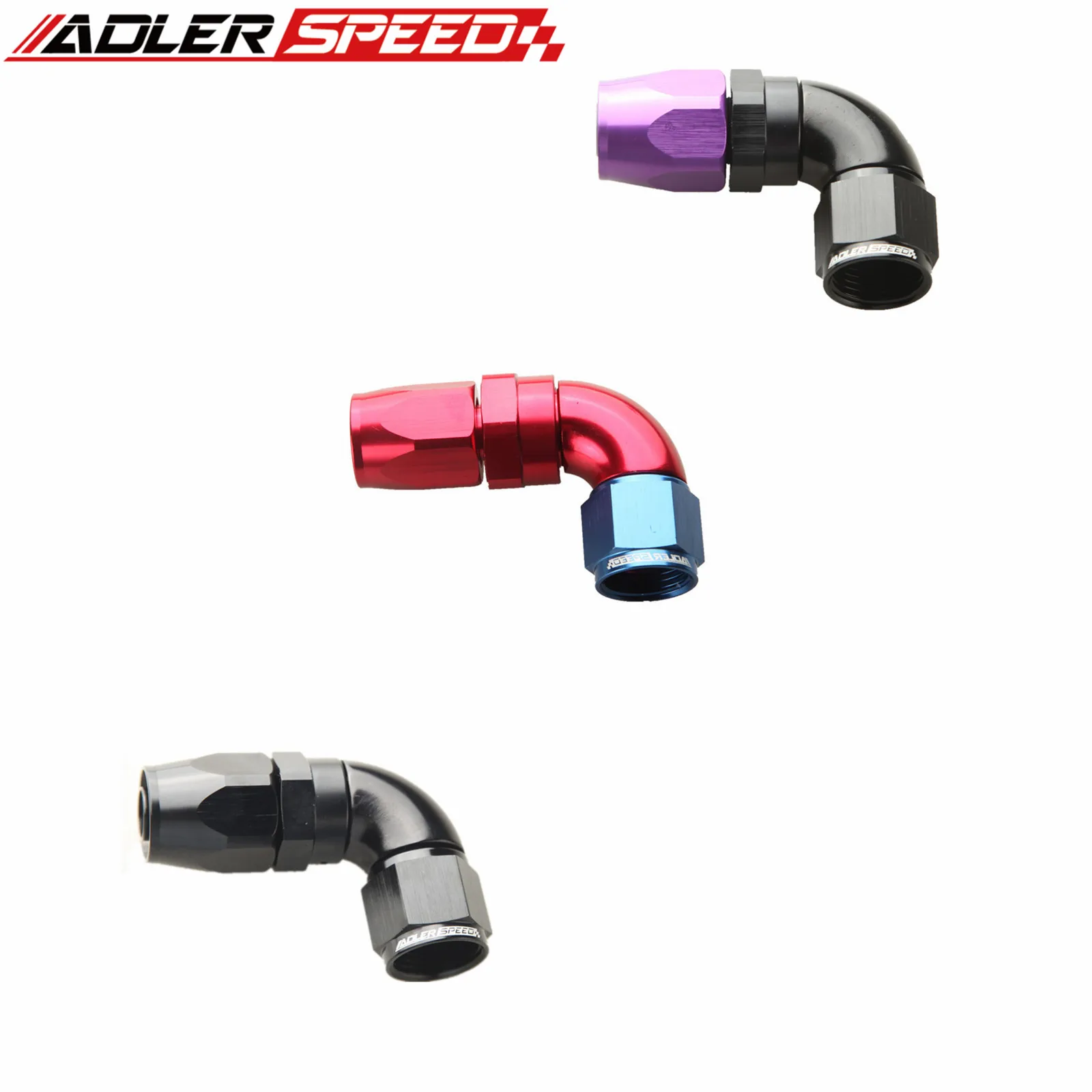 AN4 AN6 AN8 AN10 AN12 90-Grad-Aluminium-Drehverschraubung mit vollem Durchfluss, Schlauchende, Schwarz, Rot/Blau