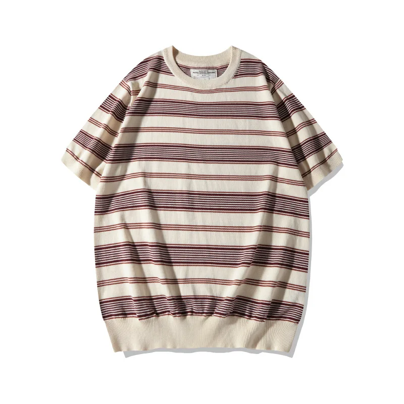OKONKWO New Thick Heavy Knitted Stripe T-shirt with Round Neck and Inter Strip Knitted Tee Outdoor Travel Trekking Golf Clothes