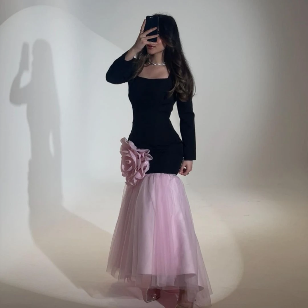 

Lovestory Black&Pink Mermaid Prom Dresses with Flower Square Neck Evening Party Formal Occasion Saudi Arabia Vestidos Des