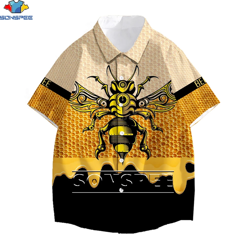 

SONSPEE Insect Animal Hive Honey Color Full Body Print 3D Hawaiian Beach Anime Shirts Men's Summer Lapel Shirts Unisex Tropical