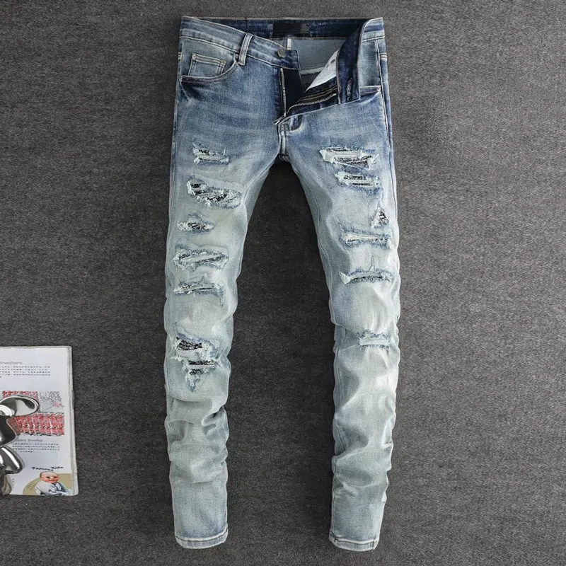 

High Street Fashion Men Jeans Retro Washed Blue Stretch Skinny Fit Ripped Jeans Men Paisley Patched Designer Hip Hop Brand Pants