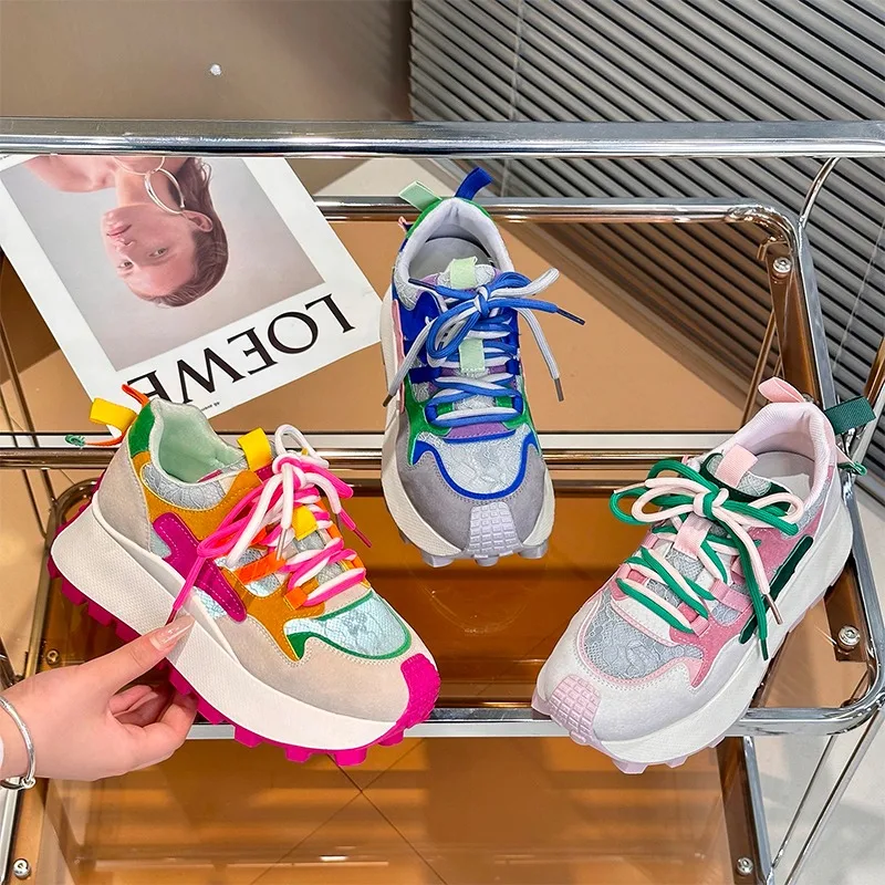 

Кроссовки женские на толстой подошве, Вулканизированная подошва, Нескользящие, износостойкие, модная обувь для бега, контрастные цвета, осень