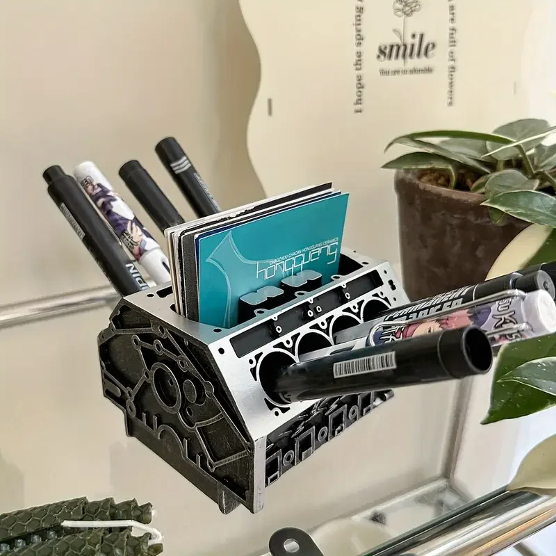 Pen Holder Pen And Brush Holder Desk Organizer Desk Storage Rack Miniso Creative Engine Block Desk Organizer Business Card Holder For Car Enthusiasts Resin Construction