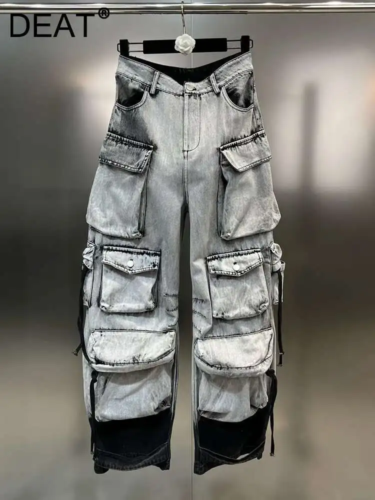DEAT Fashion Gradient Multiple Pockets Design Jeans Women's