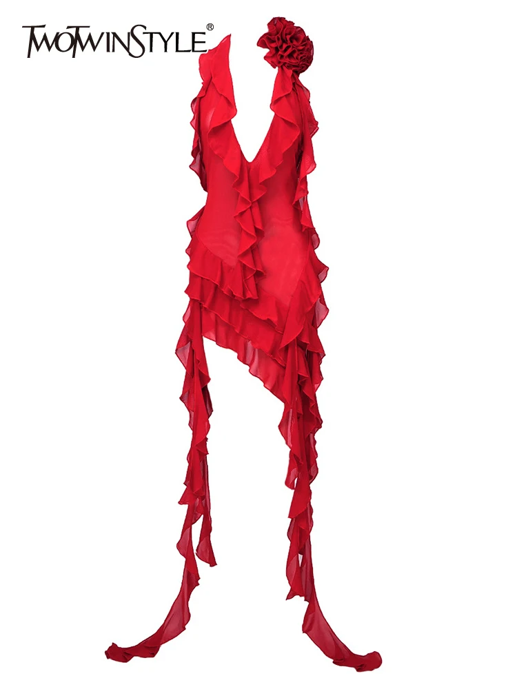 

TWOTWINSTYLE Spliced Ruffles Elegant Dresses For Women Halter Sleeveless High Waist Slimming Casual Dress Female Fashion Clothes