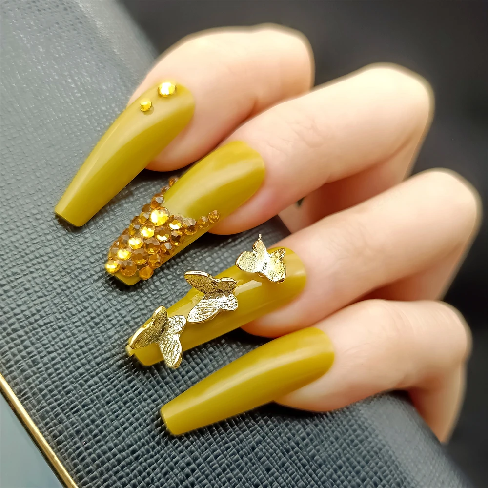 24pcs Beautiful Mustard Yellow False Nails with Rhinestones and 3D  Butterfly in Premium Gift Box Glueless Fake Nails Coffin Long| | -  AliExpress
