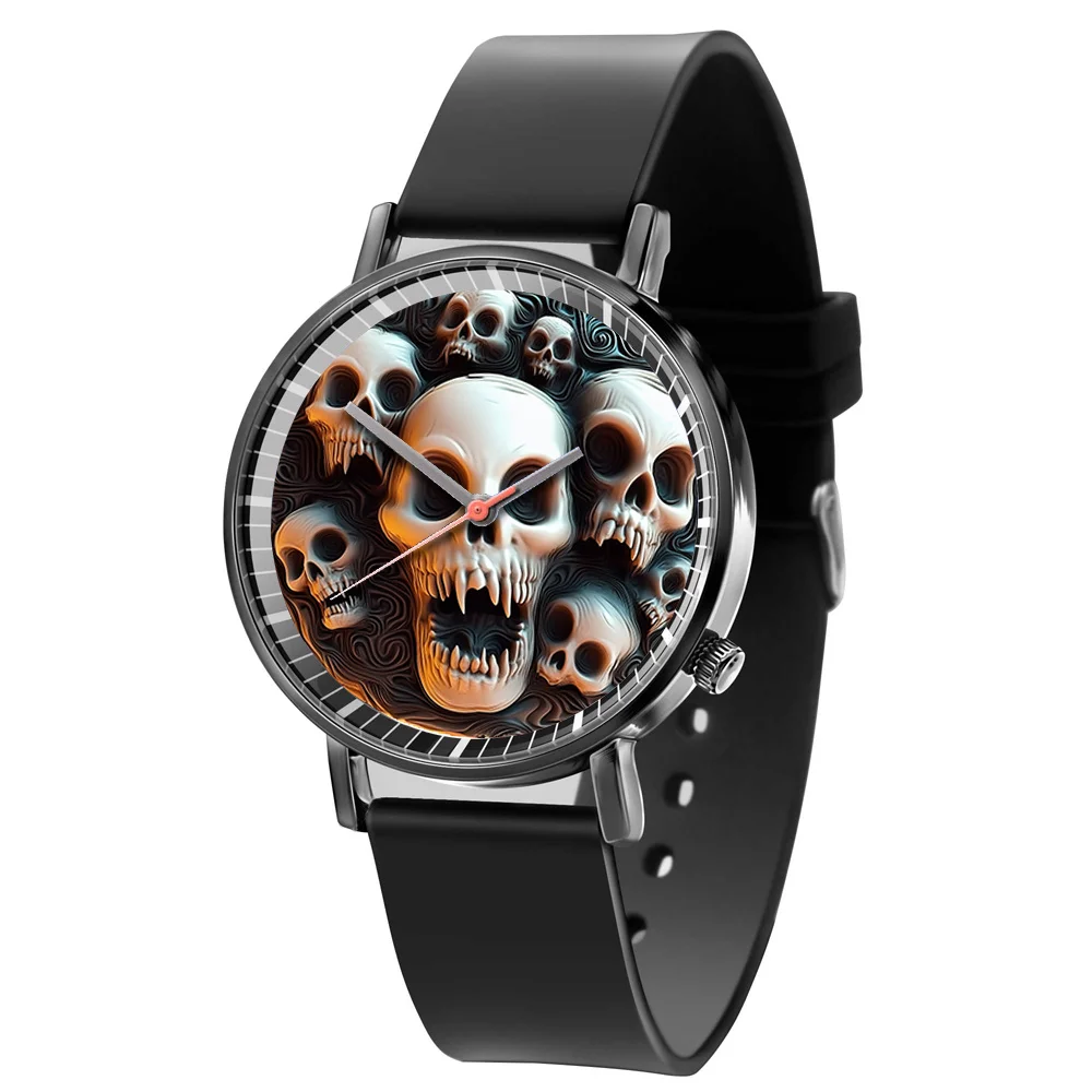 Fashion 2024 Hot White Skull Design Men's and Women's Quartz Watch Casual Black Silicone Gift Clock Wristwatch 3