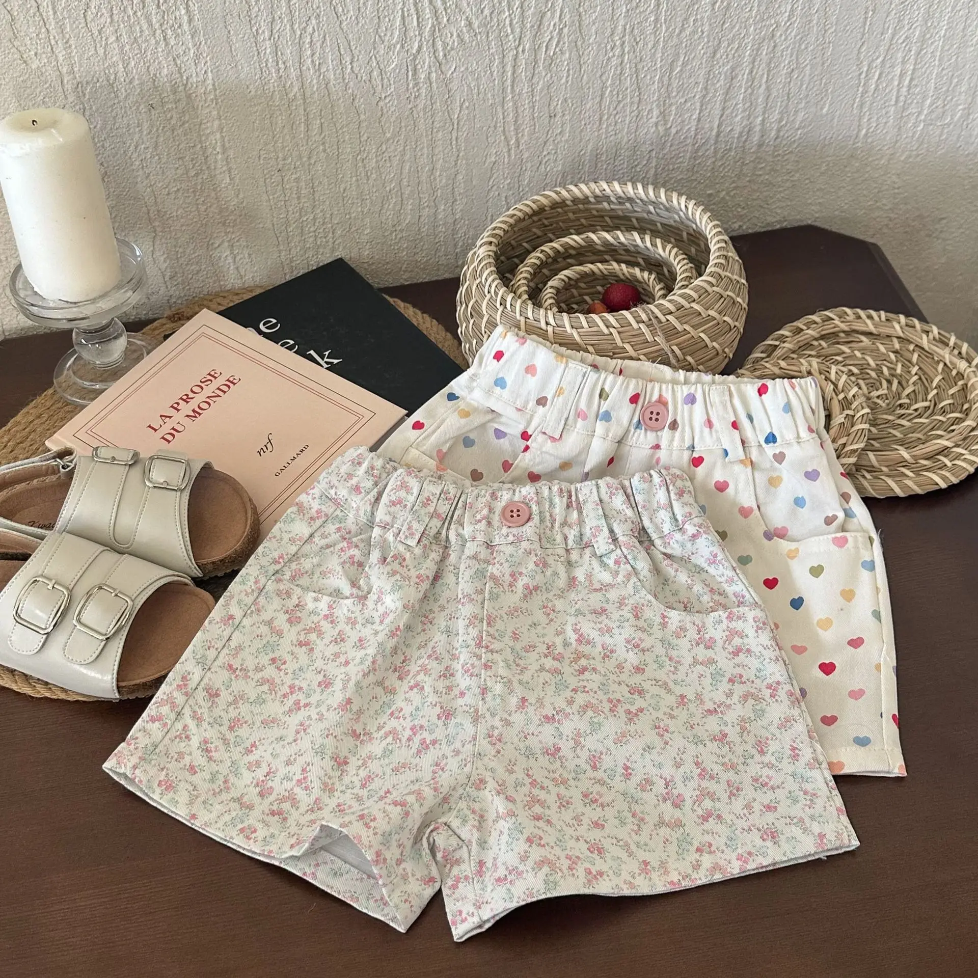 Summer Girls Shorts Cute Heart Print Children Floral Shorts Cotton Baby Girl Casual Clothes Kids Short Pants