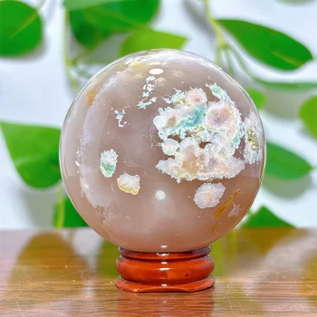 Flower Agate Sphere Crystal Natural Stone Quartz Minerals Home Decoration Reiki Craft Gifts Energy Healing Meditation +Stand 1