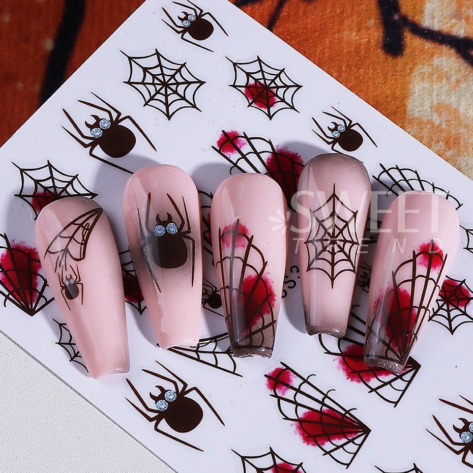 3pcs Halloween Spider Web Nail Stickers 3D Self Adhesive Cartoon Ghost Spider Bat Pumpkin Nail Decals DIY Manicure Decoration