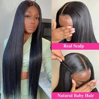 Perruques en cheveux humains lisses couleur naturelle sans colle en forme de V, cheveux Remy brésiliens, sans besoin de laisser de cheveux de côté, perruques complètes fabriquées à la machine, densité 220 2
