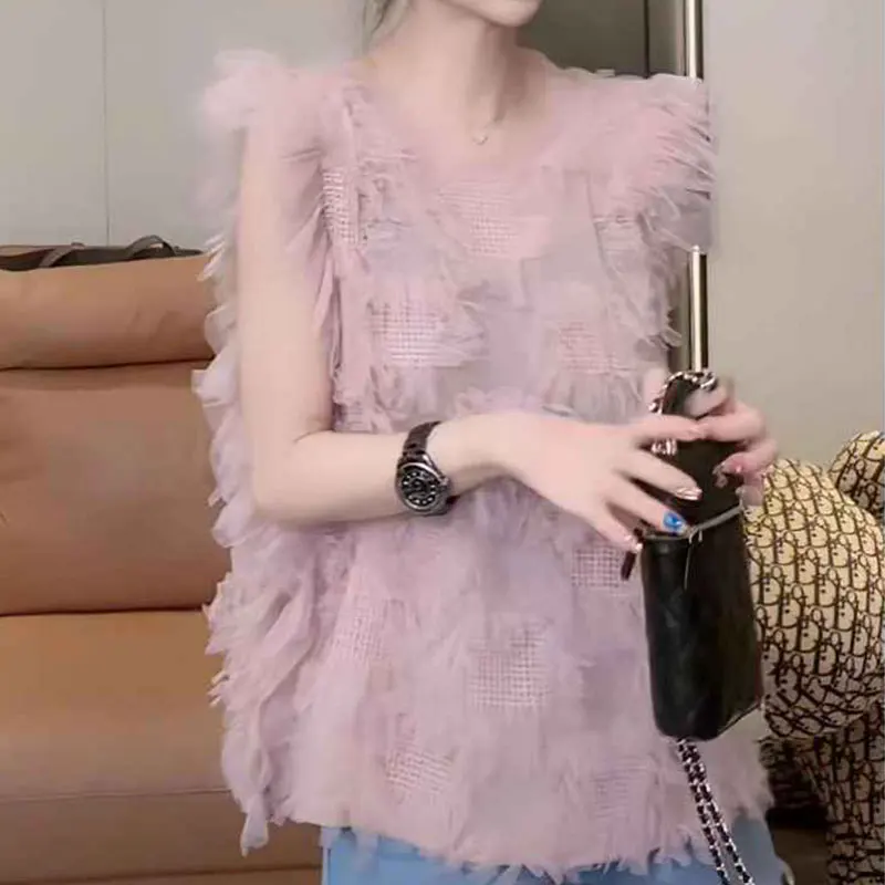 

Summer Elegant Fashion Harajuku Slim Fit Female Clothes Loose Casual All Match Tops O Neck Insert Patchwork Sleeveless Tanks