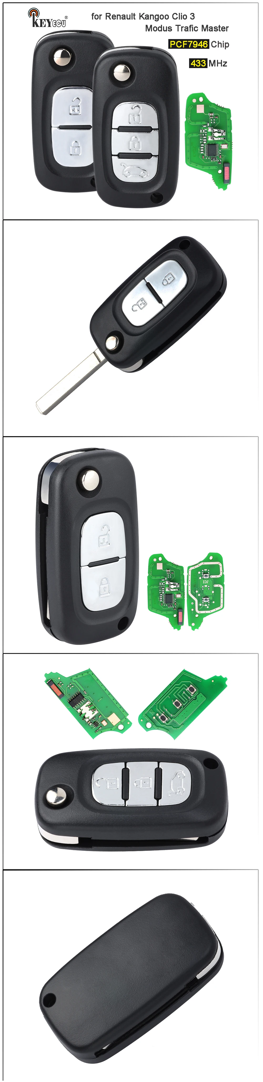 Keyforkess 433MHz PCF7946 sostituzione del Chip pieghevole portachiavi per auto a distanza per Renault Clio 3 Master Kangoo Twingo 2006-2015 - Sfbb769e8cb474b18a71acc9faa0a0d378