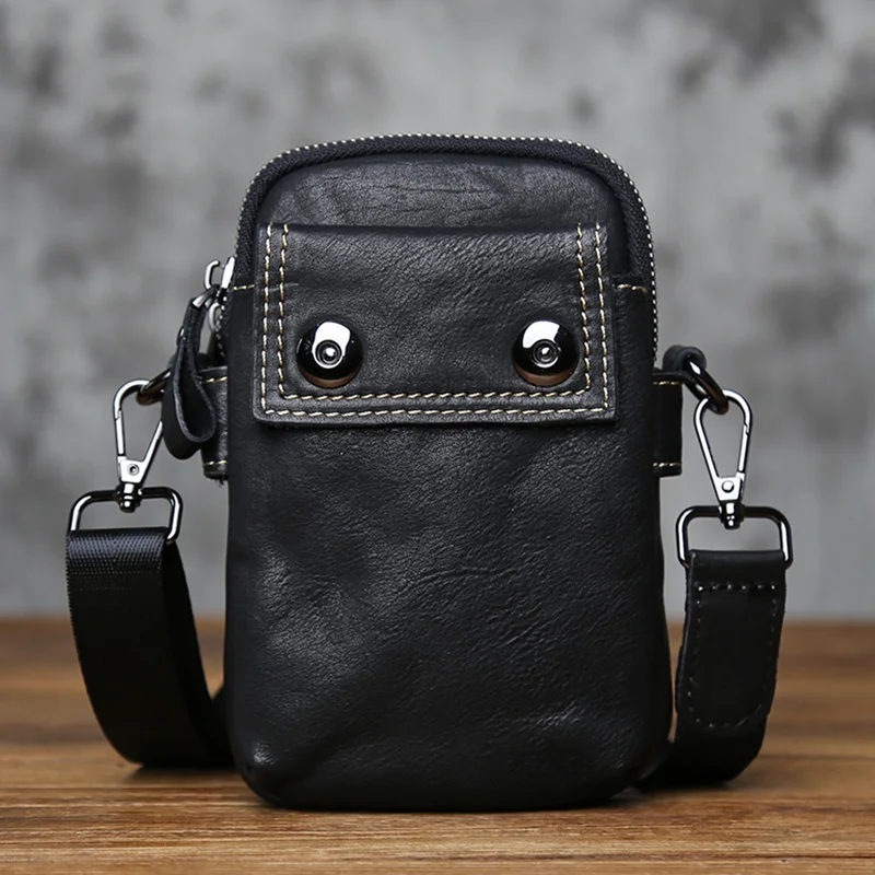 NZPJ Genuine Leather Men's Waist Bag Top Layer Cowhide Casual Crossbody Phone Bag Single Shoulder Bag Messenger Bag