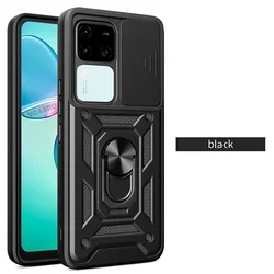 Magnetic Ring Stand Armor Cover with Slide Lens Protection for Vivo V30 5G Global (Black)