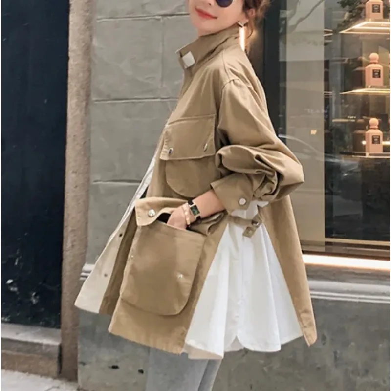 

SuperAen New Contrast Color Stitching Loose Stand Collar Pocket Windbreaker Female Single Breasted Korean Fashion Coat