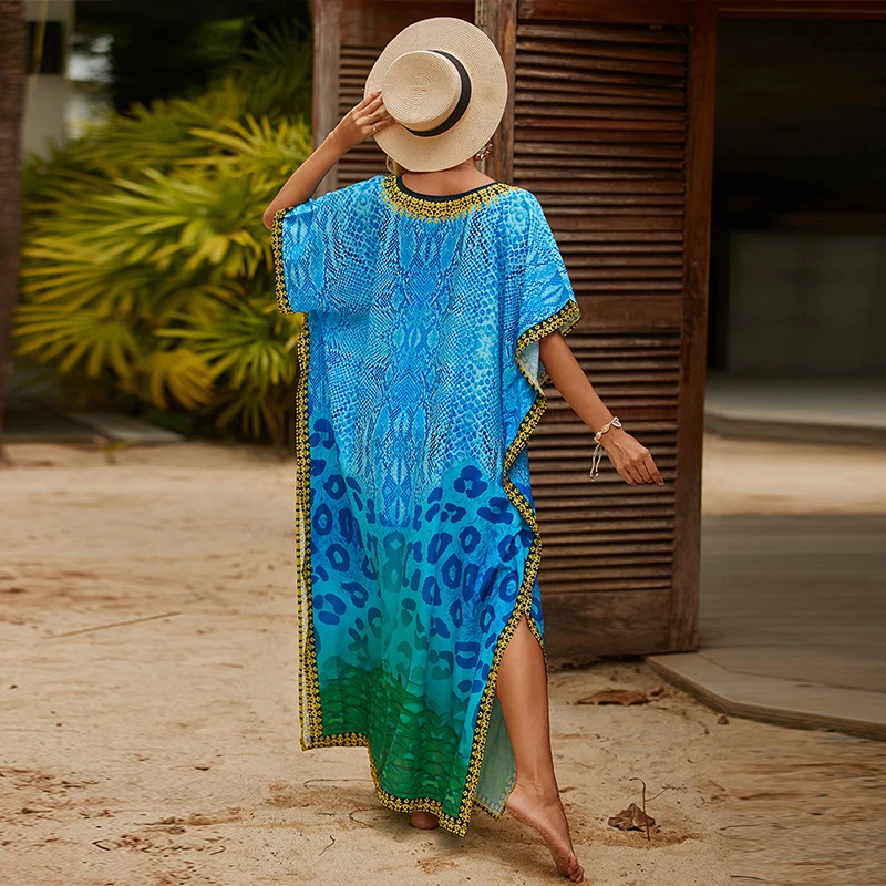 Summer Women Sexy Beach Dress V-Neck Tunic Sarong Swimwear Kaftan Robe Sundress Color Print Bikini Cover Up Oversized Maxi Dress