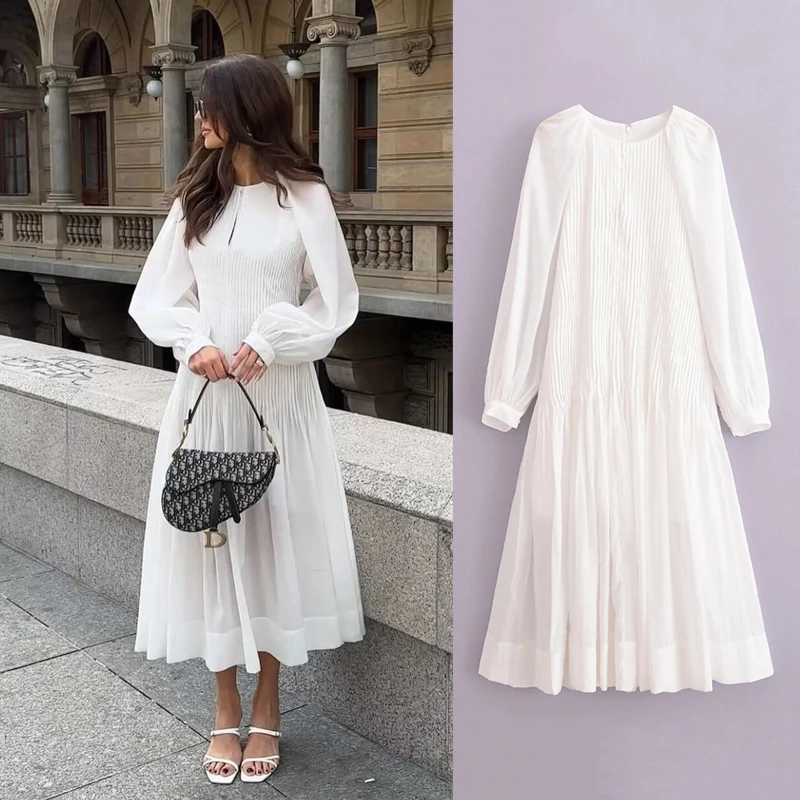 

Taop&Za women's 2024 summer new solid color breathable casual round neck pleated long-sleeved loose dress 1226/960
