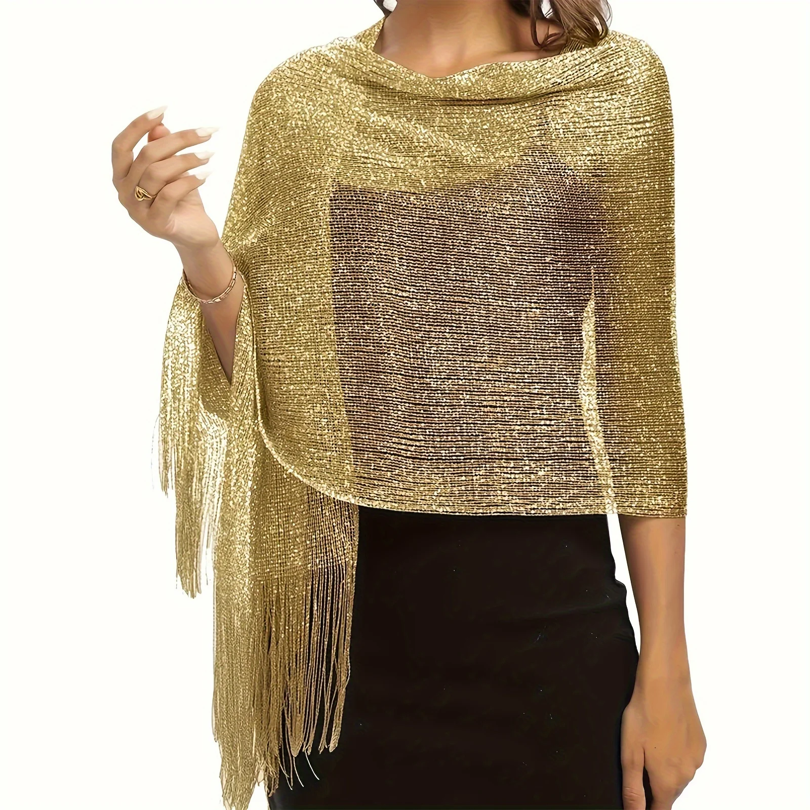 Fashion Bright Silk Sunscreen Shawl Hijab Gold Silver Shiny Scarves For Women Lace Tassel Party Evening Dress Scarf 2