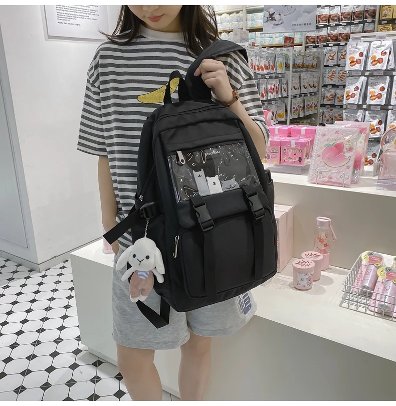 DCIMOR New Nylon Women Backpack Female Transparent Pocket Travel Bag Teen Girl Cool Back Pack Buckled Bookbag Students Schoolbag
