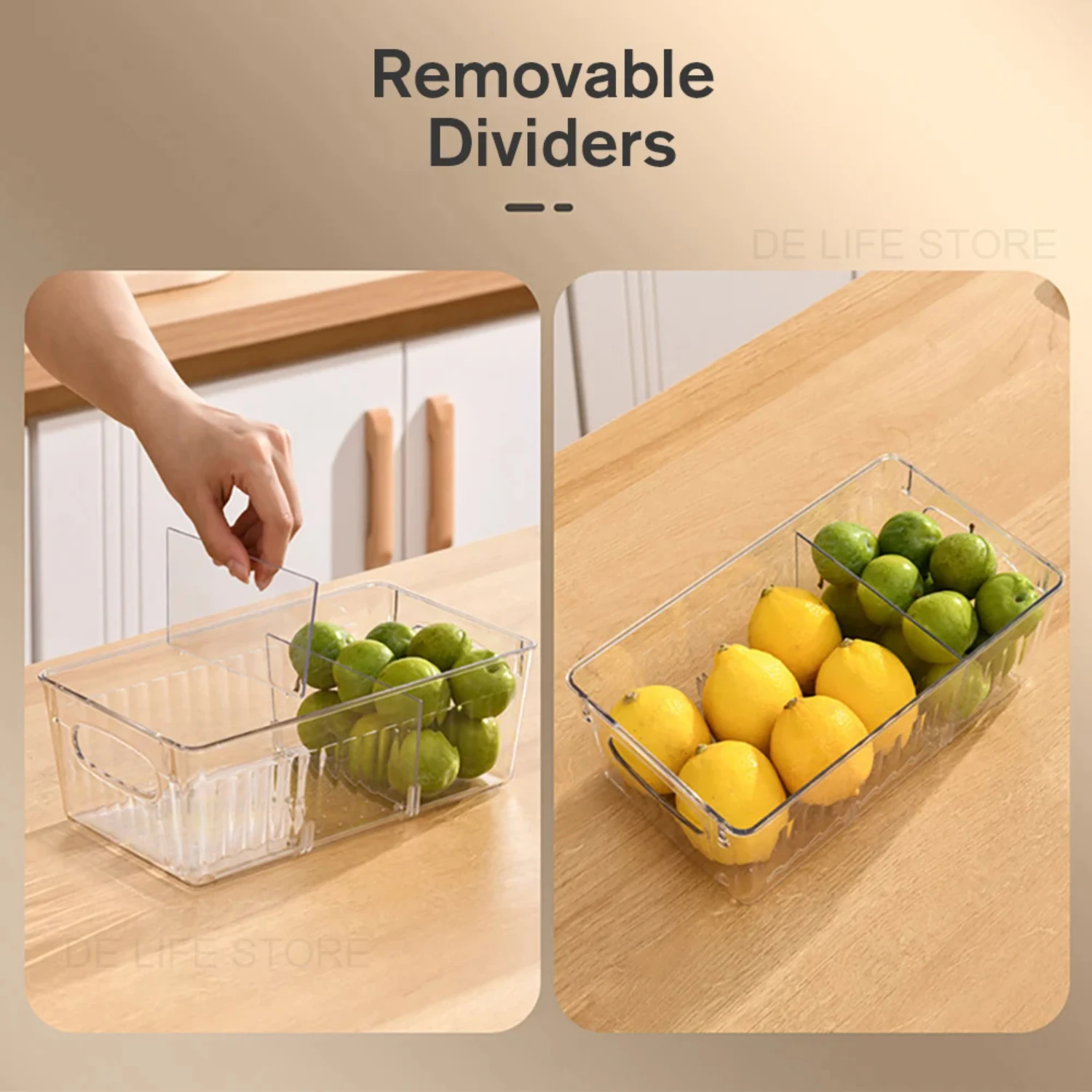 Plastic Refrigerator Food Box Organizer with Divider for Fruits-Kitchen Organization Storage Tray for Fresh Produce and Snacks