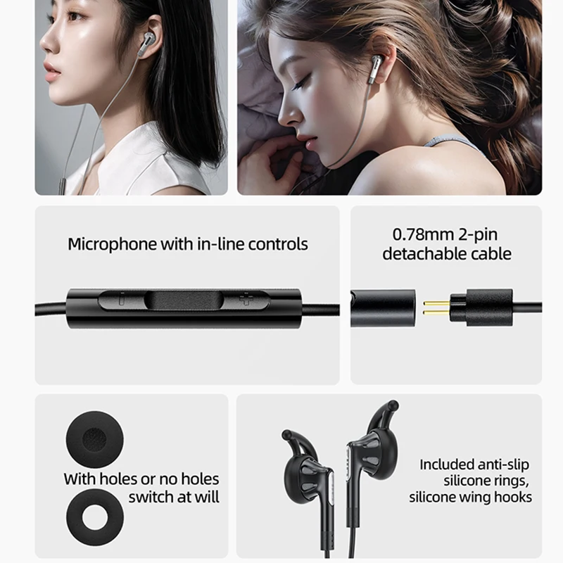 FiiO FF1 14.2mm 다이나믹 드라이버 오픈 이어버드 HIFI 음악 유선 이어폰 베이스 0.78mm 마이크 인라인 컨트롤이 포함된 분리형 케이블