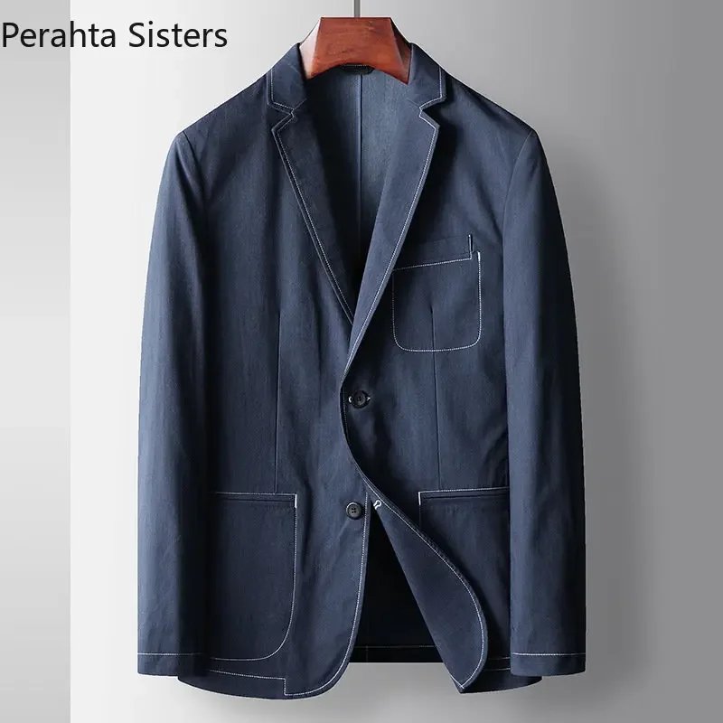 Brand Light Luxury Business Casual Blazers For Men Spring Autumn Young Denim Color Open Line Suit Jacket Men's Clothing