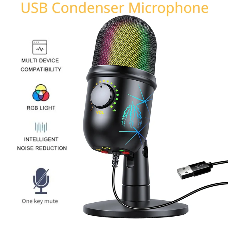 

USB Condenser Microphone With Mute Noise Reduction Ear Return Function USB Mic For Computer Recording Streaming Gaming Karaoke
