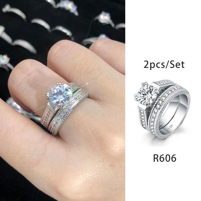 Luxury Diamond Promise Ring Set for Women Bridal Silver Color Big Zircon Proposal Marriage Wedding Cocktail Ring Jewelry