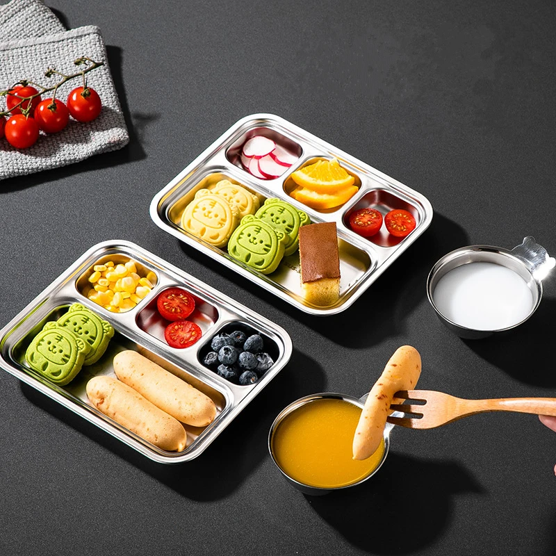 304 Stainless Steel Divided Dinner Tray Lunch Fruit Snack Container Food Plate 4 Grids For Students Canteen Restaurant