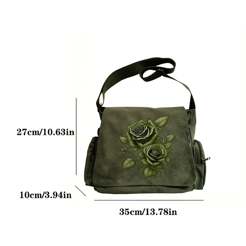 Rose Print Women's Messenger Bag Large Capacity Crossbody Bag Vintage Multiple Pockets Shoulder Bag Daily Commuting