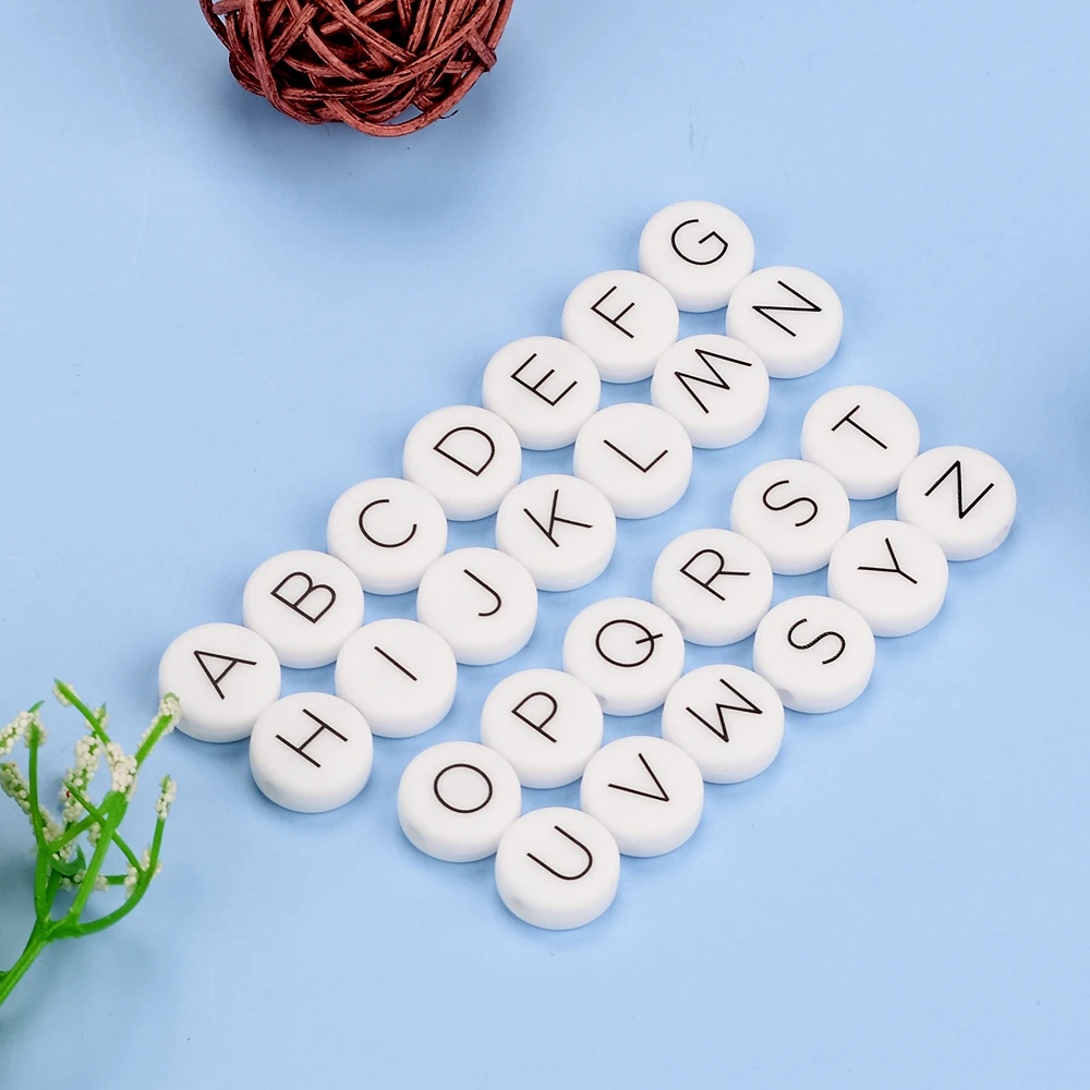 LOFCA 12 mm 100 Stück flache runde Silikonperlen in Lebensmittelqualität, Buchstaben-Beißringe, lose Kau-Alphabet für personalisierte Namens-DIY – Detail 1