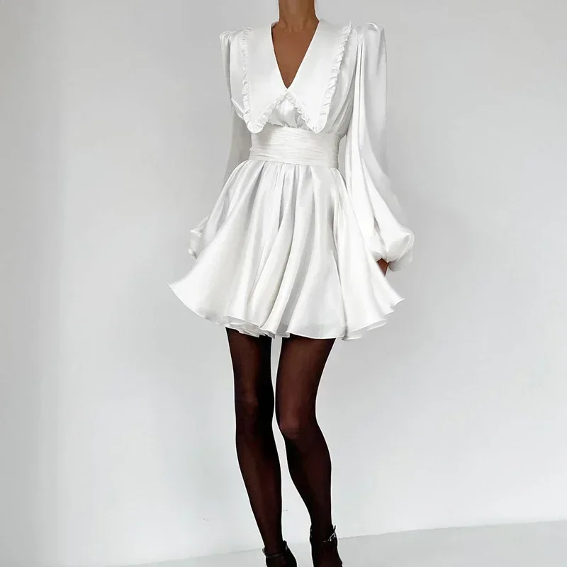

Chic Lady Waist V-Neck Short Dress Luxury Women Swing White Mini Dress 2024 Elegant Banquet Lantern Sleeve Princess Dresses